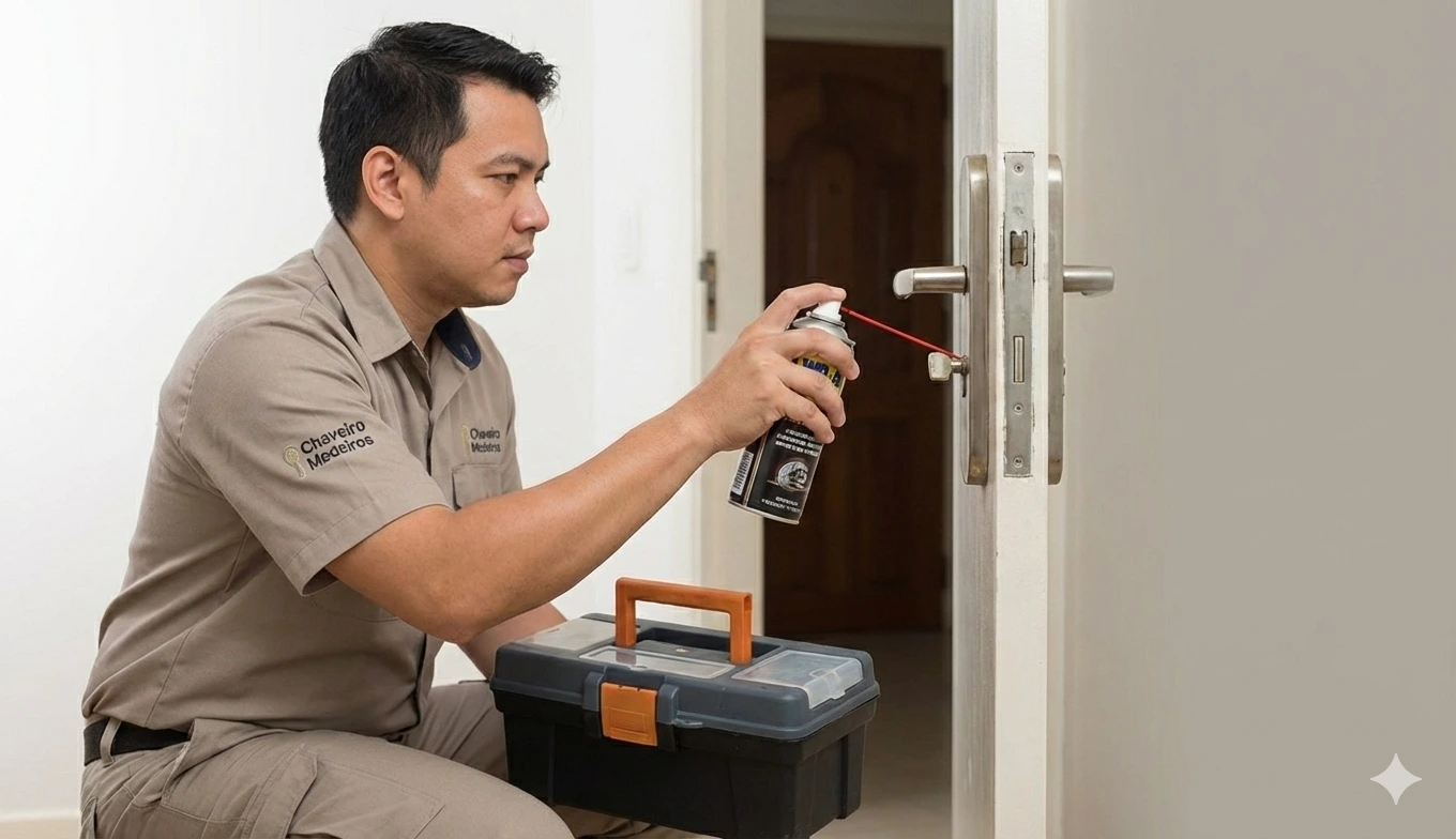 profissional uniformizado realizando a manutenção correta de uma fechadura