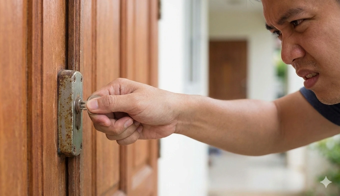 tentar abrir uma porta com uma fechadura que não está funcionando corretamente