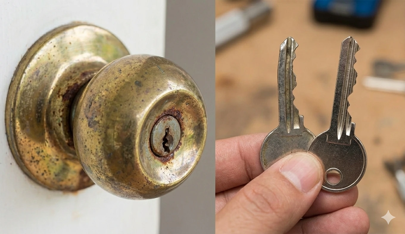 uma fechadura com ferrugem visível e uma chave gasta ao lado de uma nova.